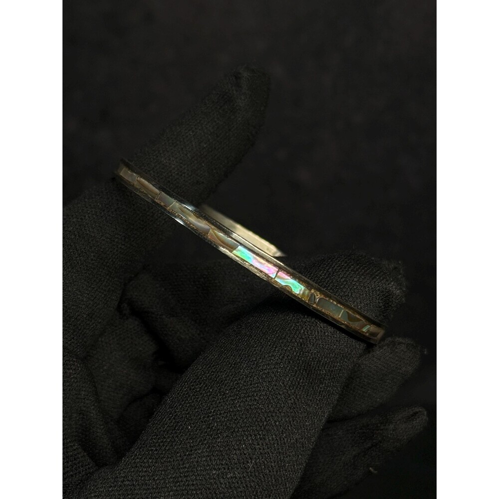 Abalone Shell Inlay Alpaca Metal Slim Bangle Bracelet Size 5.5